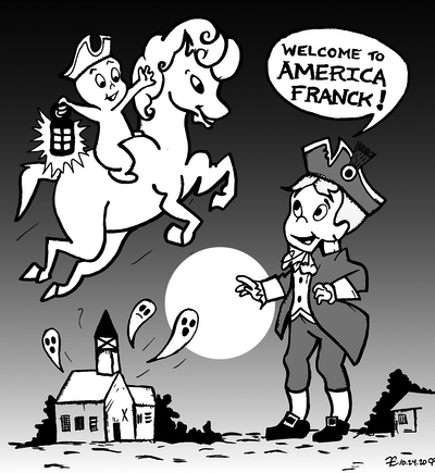 Casper is riding a ghost horse. He is welcomed to America by Richie Rich dressed as Paul Revere.