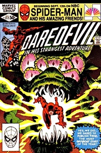 Daredevil jumps from a monster's mouth on the cover of issue 177.