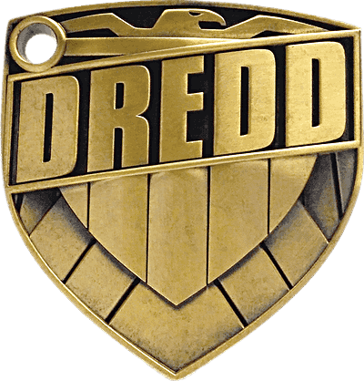 Bronze police badge with a stylized eagle above the name Dredd.