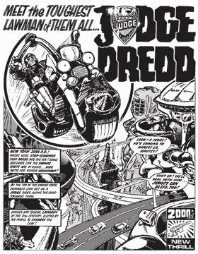 A black and white page from the comic book, 2,000 A.D. featuring the first appearance of Judge Dredd. 