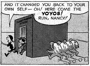 Comic book panel of Oona Goosepimple and Nancy running from the Frightful Yoyos.