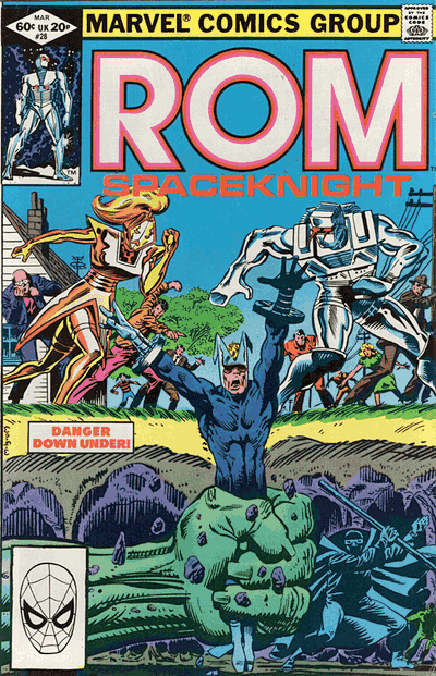 Rom Spaceknight issue 28 with the hero Torpedo being dragged underground by a giant hand while Rom and Starshine look on in horror.