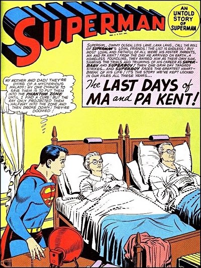 Superboy is powerless to save his adopted parents, Ma and Pa Kent. They lie in bed, disappearing as Superboy attempts to put them in the Phantom Zone to protect them.