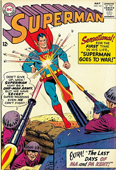 Superman issue number 161 with Superman flying down to land while being fired upon by soldiers. Bullets and shells from a bazooka, along with shells from a tank’s machine gun and canon, ricocheted off his chest.