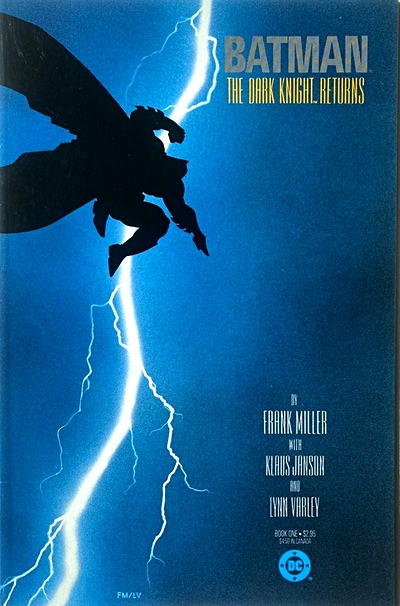 Batman: The Dark Knight Returns, Book One shows a silhouette of Batman jumping in front of an arc of lightning.